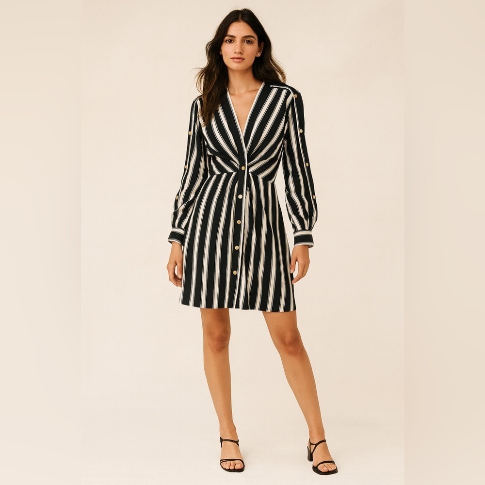 Sandro Paris black and white button front shirt dress with gold button detail. 6